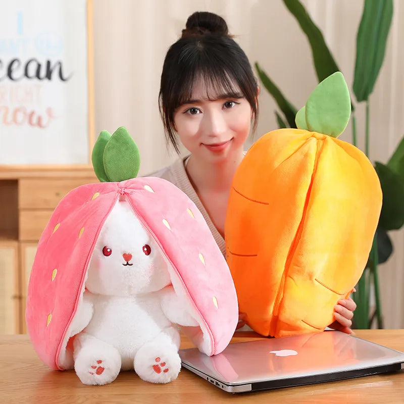 Stuffed Soft Bunny Hiding in Strawberry & Carrot Bag